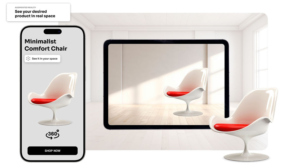 Augmented reality app showing a minimalist chair with a red seat being viewed in a real environment