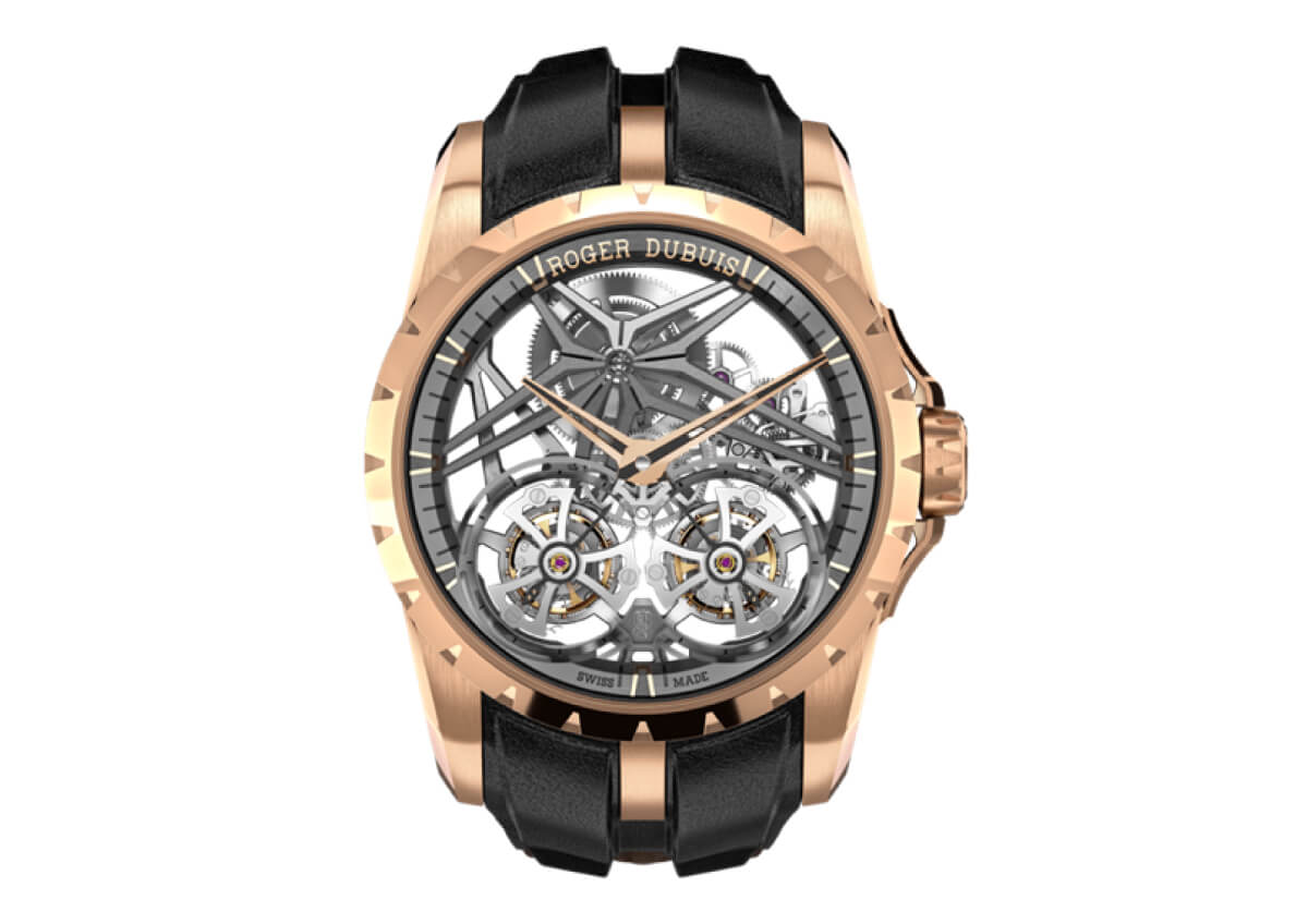 Roger Dubuis Excalibur Double Flying Tourbillon Skeleton Watch, Rose Gold and Black, Luxury Timepiece.