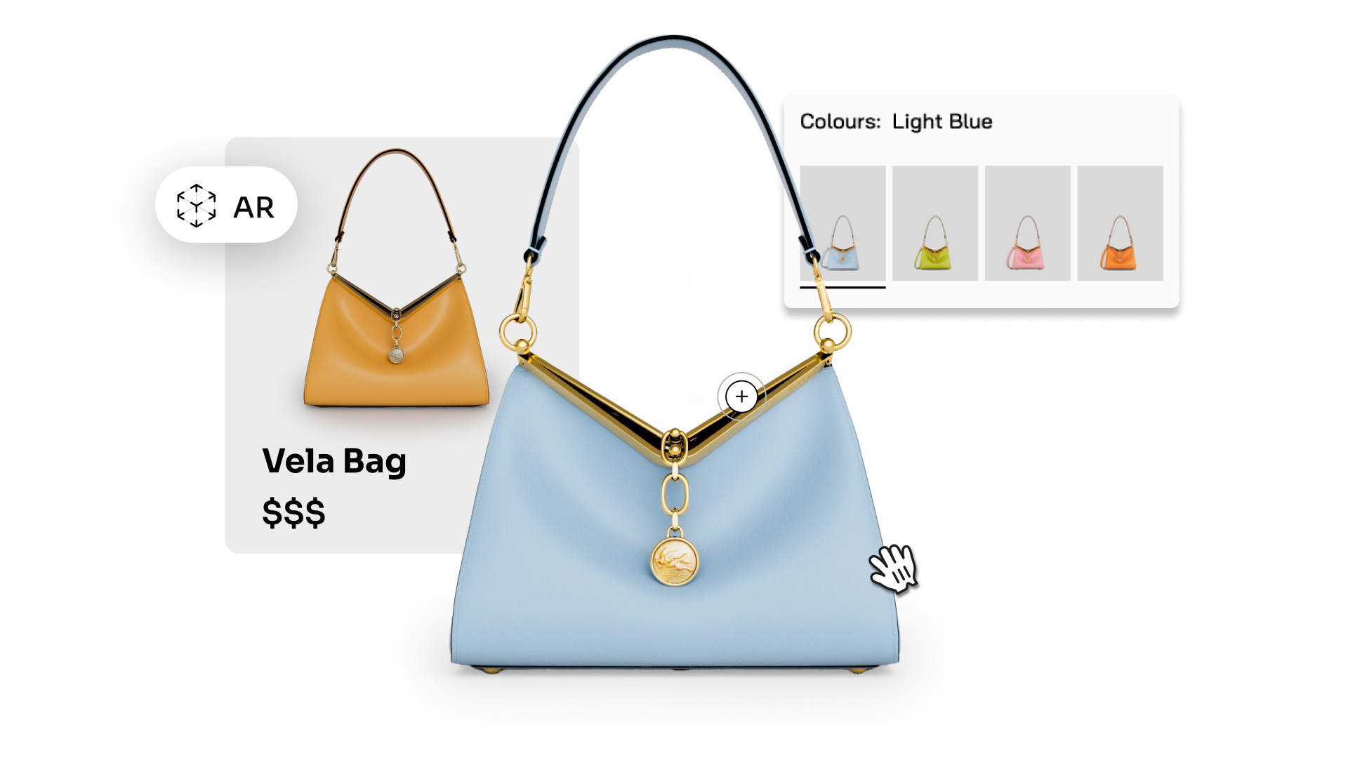 Interactive 3D product viewer featuring a Etro Vela Bag in light blue, showcasing color customization options. AR icon and interactive design demonstrate increased engagement by improving product understanding and reducing cognitive load.