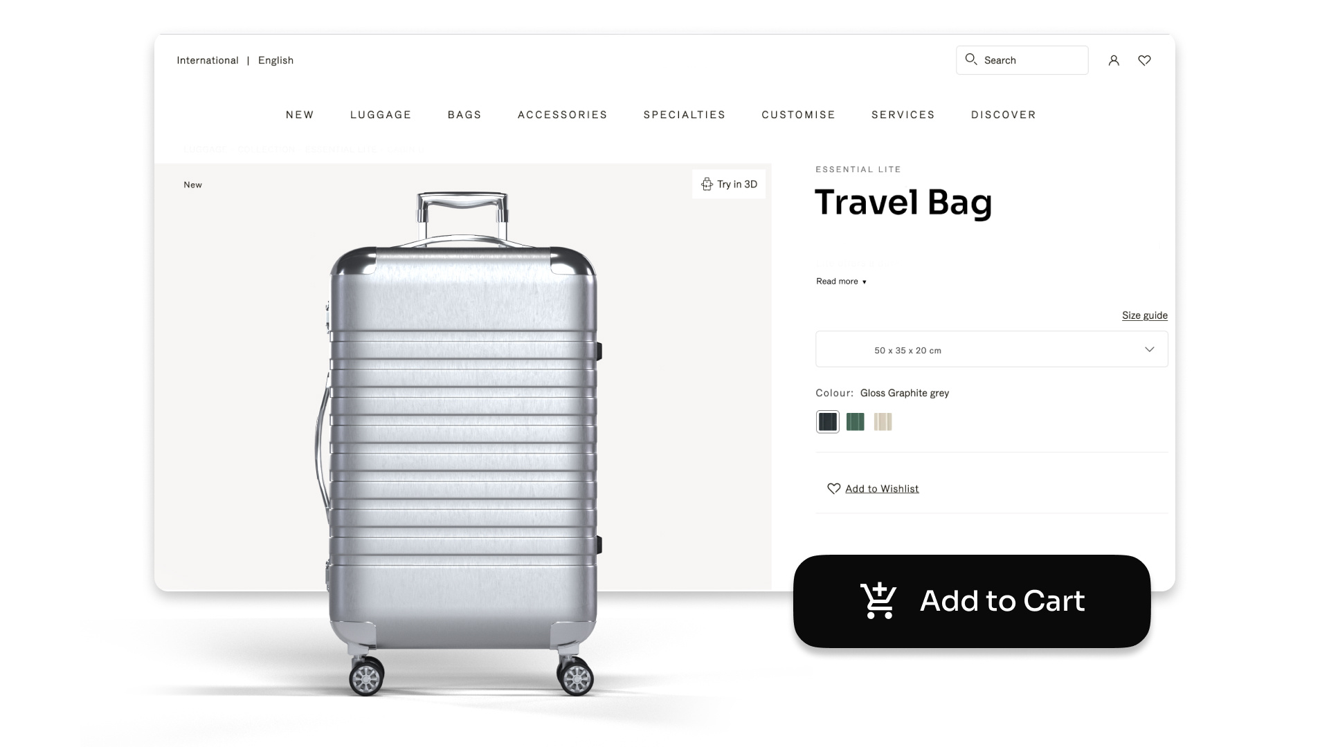 3D interactive view of a travel bag in gloss graphite grey, with a prominent 'Add to Cart' button. The immersive experience highlights increased customer confidence, boosting conversion rates and reducing cart abandonment.