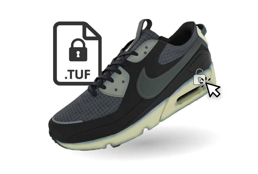 Nike Air Max 90 Terrascape sneaker with a secure digital file (.TUF) icon, indicating potential customization or authentication.