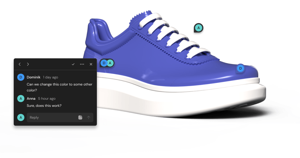 Model inside Unlimited 3D designer, 3D interactive sneaker model with collaborative design interface showing color change request and user comments