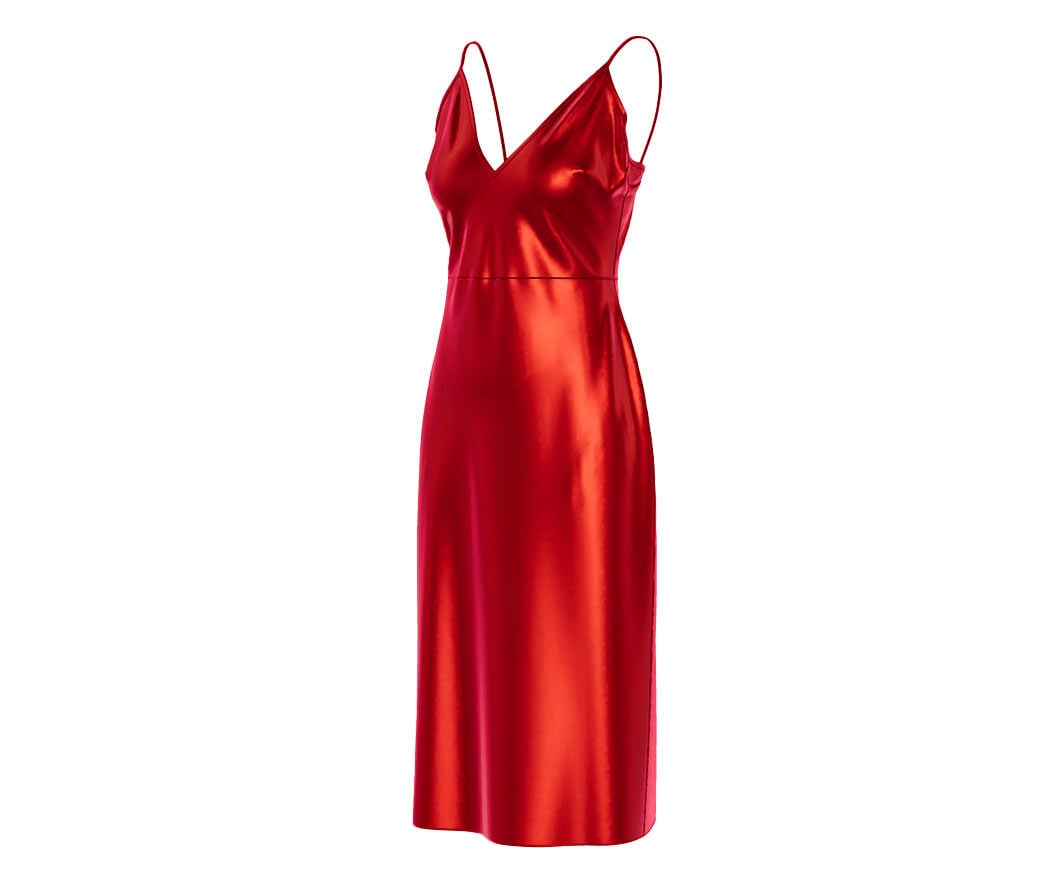 3D configurator image of a elegant red satin midi dress with square neckline and spaghetti straps, perfect for evening wear, showcasing 3D design and customizable options.