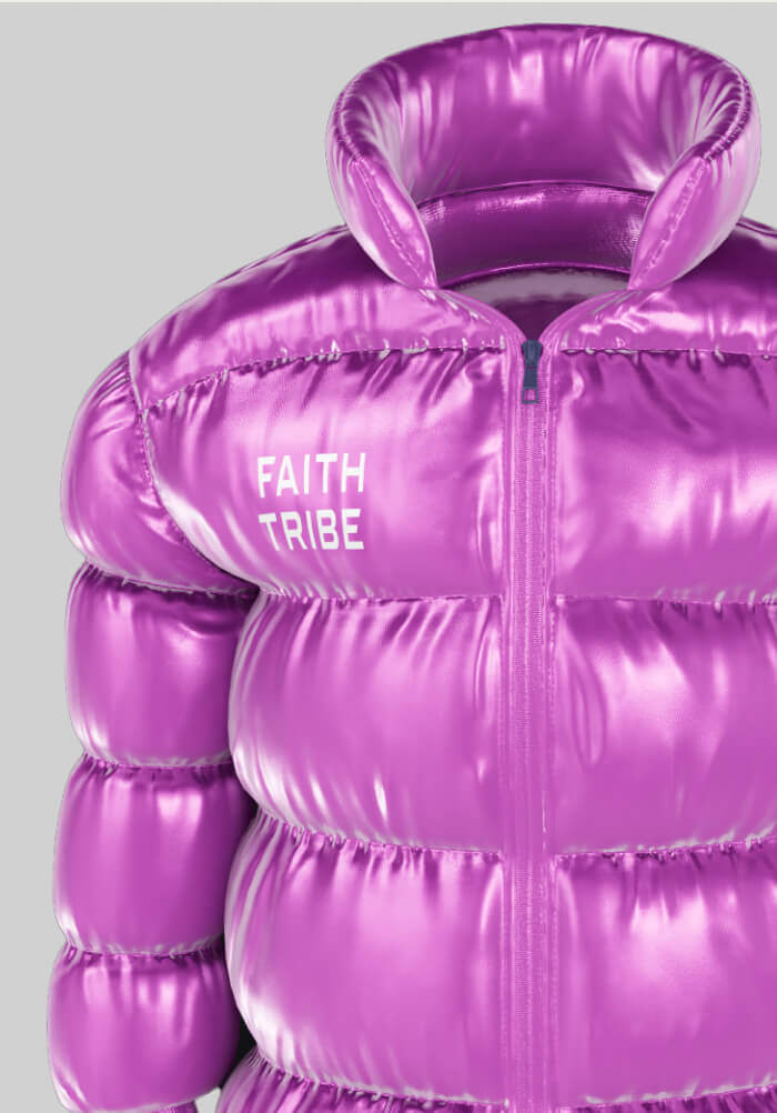 Purple Metallic Puffer Jacket with 'FAITH TRIBE' Text, Fashion Apparel. Link to page Apparel