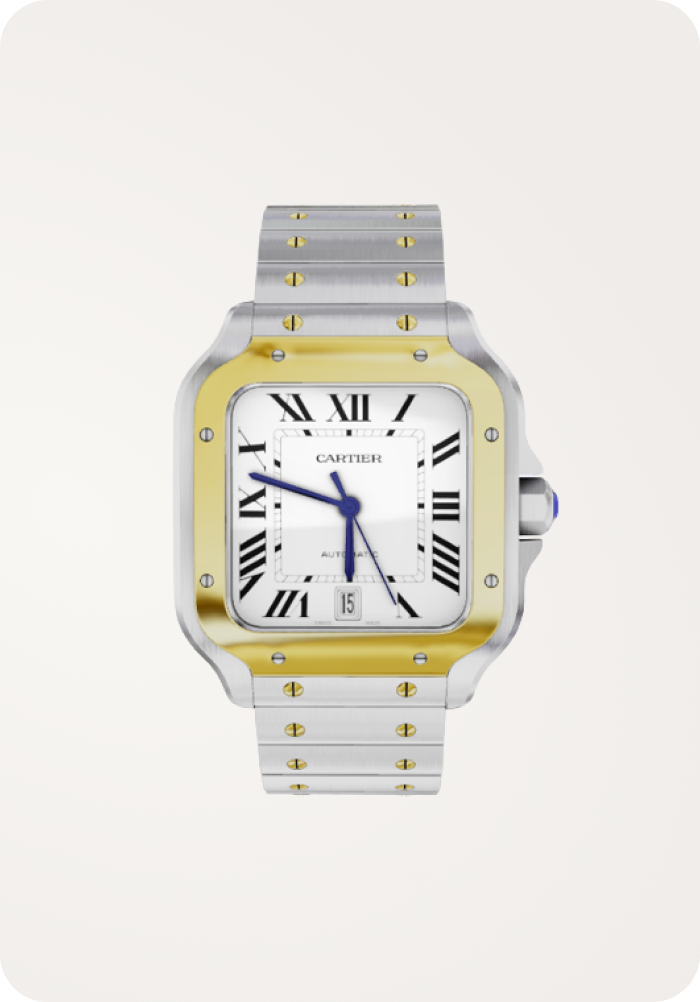 3D render Cartier Santos de Cartier Watch, Stainless Steel with Gold Accents, Automatic Movement.