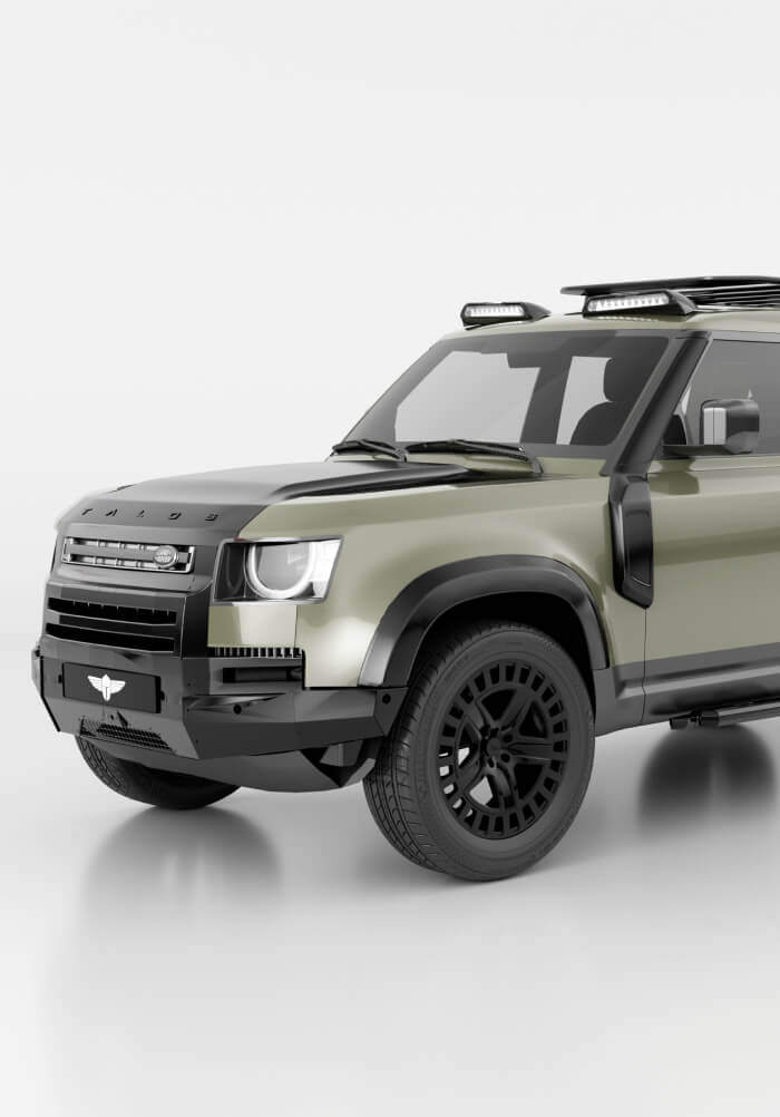 Customized Land Rover Defender SUV in Green with Black Accents, Off-Road Vehicle. Link to page Automotive