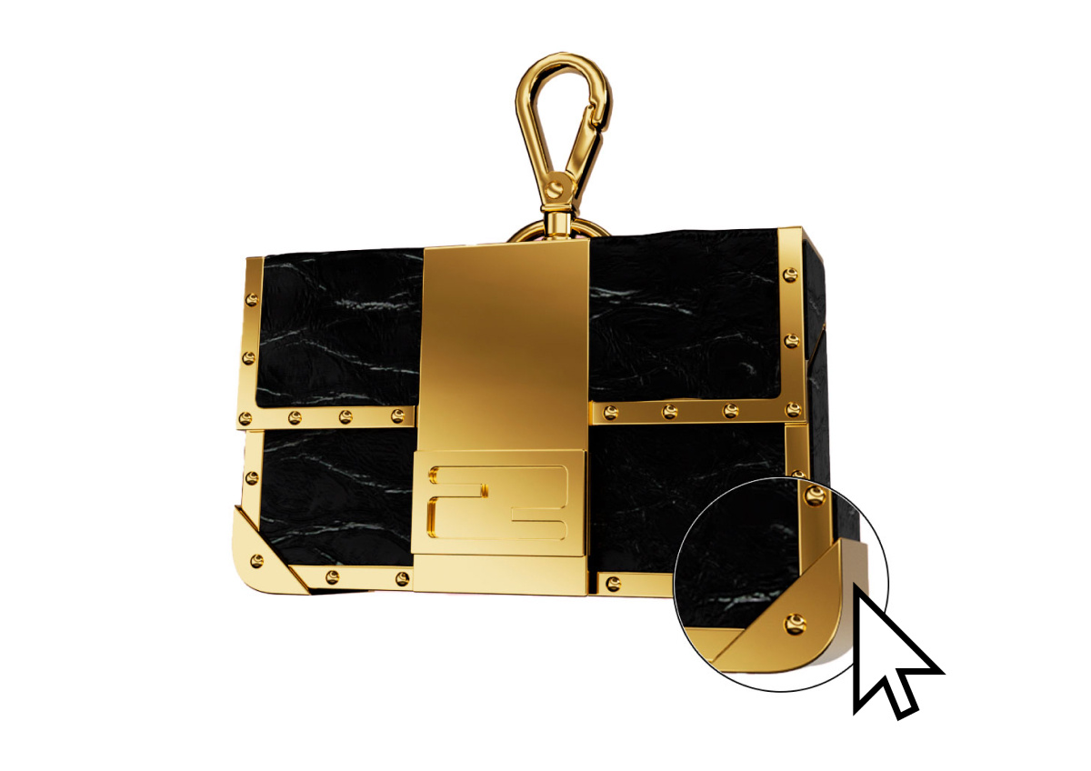 Black Leather Case with Gold Hardware and Carabiner Clip, Interactive.