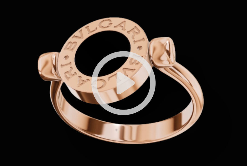 A 3D  view of a Bvlgari ring, highlighting its elegant design and stunning gemstones made by Threedium.