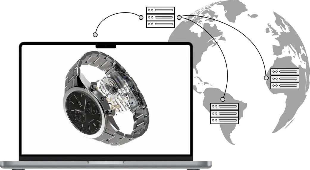 Global 3D product visualization network showing laptop displaying interactive watch model connected to server clusters worldwide