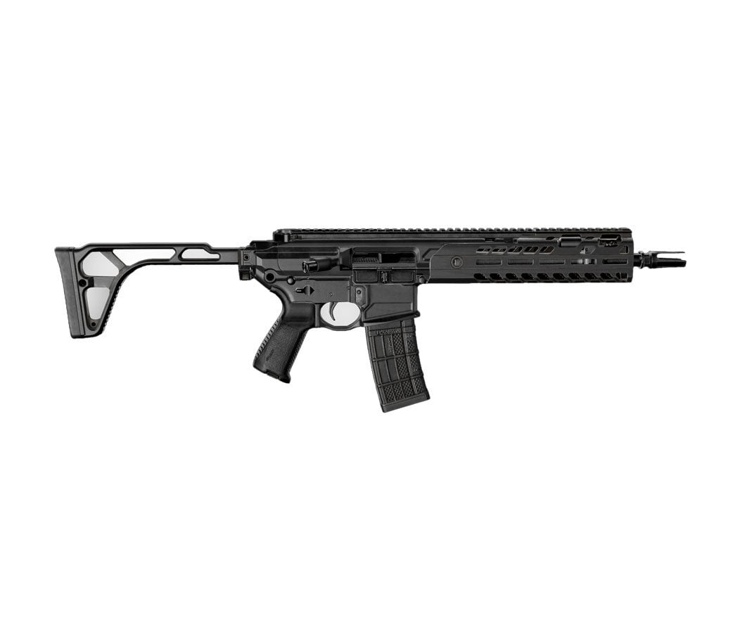 3D configurator image of a customizable black modular rifle with collapsible stock, pistol grip, and rail system, allowing users to design and visualize firearms configurations.