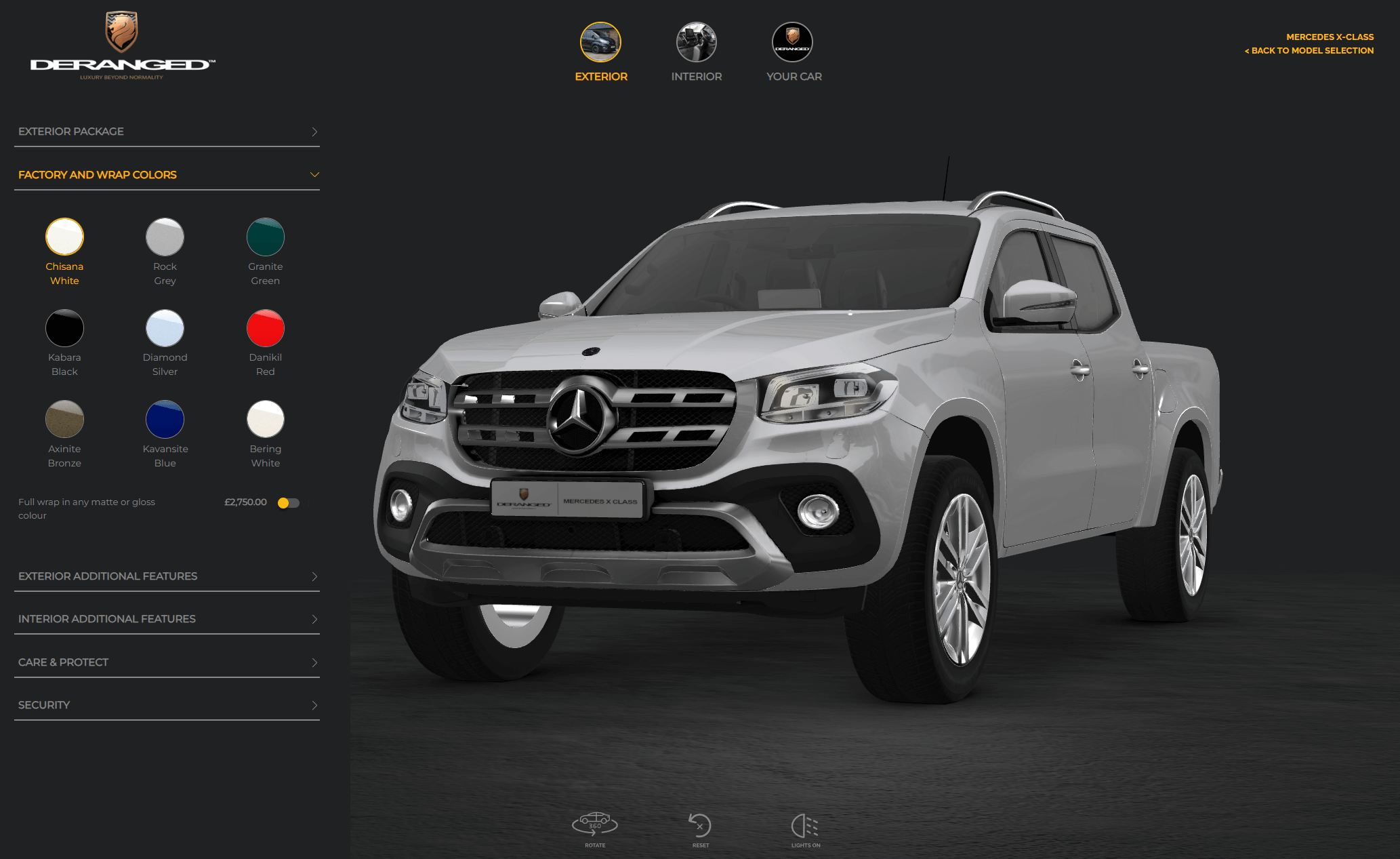 3D Product Configurator showing a Silver Mercedes-Benz X-Class Pickup Truck, Front View, Off-Road Vehicle.