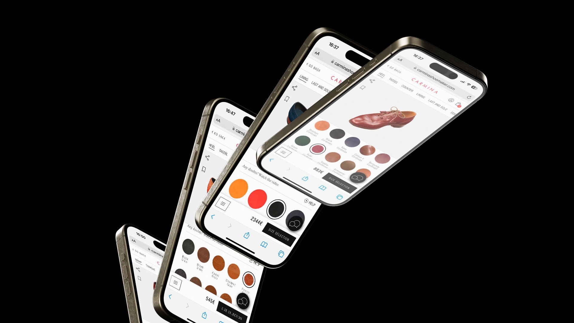 Carmina Shoes Customizable Product Page on Multiple Smartphones, Choose Color and Customize Your Pair.