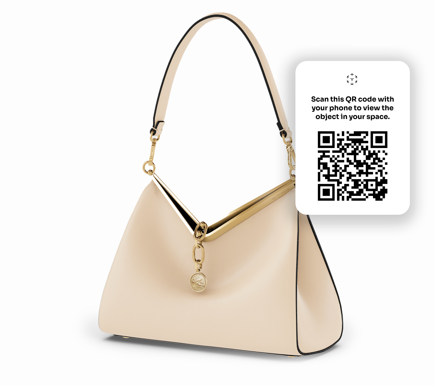 Beige Leather Handbag with V-Shaped Closure and Gold Accents, Scan QR Code to View in Your Space.