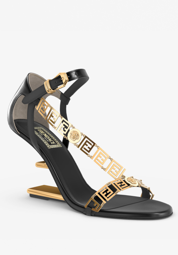 3d rendering FENDACE Black Leather High-Heeled Sandals with Gold Greek Key Motif.