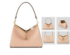 3D model of versatile luxury handbag generated from sample images, showcasing beige leather design with multiple carrying options and gold hardware