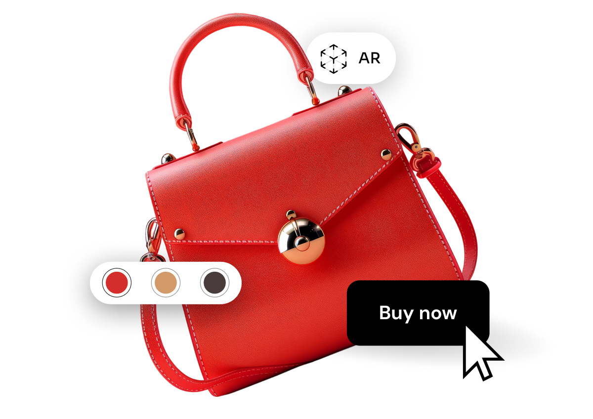 Red Leather Handbag with Gold Accents, Interactive AR Preview, Buy Now Button, Color Options Available.