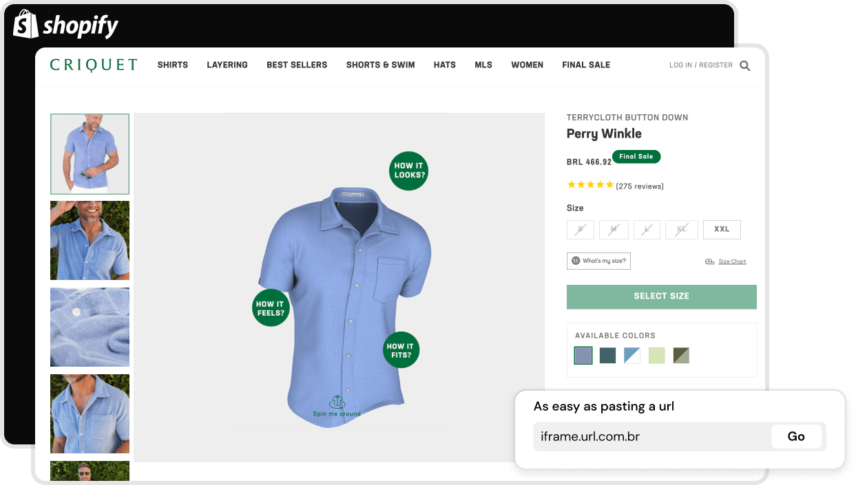 Shopify e-commerce product page for Criquet's Perry Winkle terrycloth button-down shirt with interactive 3D model and sizing options