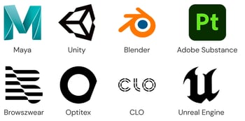 Collection of logos representing various 3D software tools used in design and animation. Includes Autodesk Maya, Unity, Blender, Adobe Substance, Browzwear, Optitex, CLO, and Unreal Engine, displayed in two rows with labels underneath each logo.