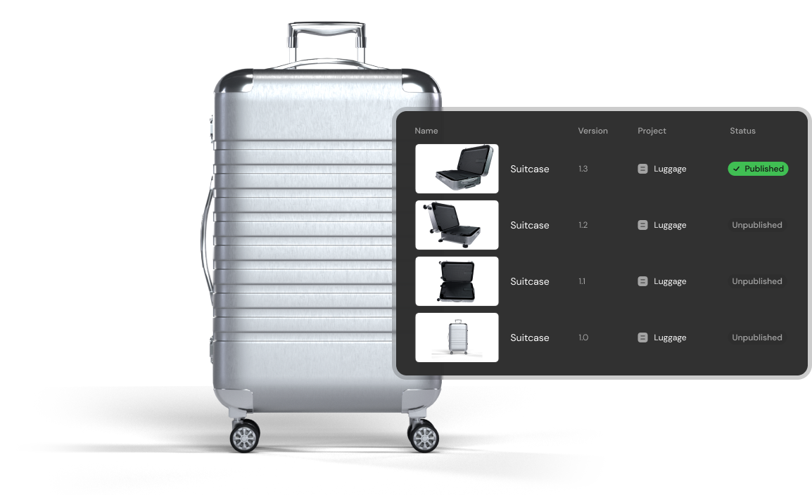 3D product visualization workflow showing silver hardshell suitcase with version control and publishing status