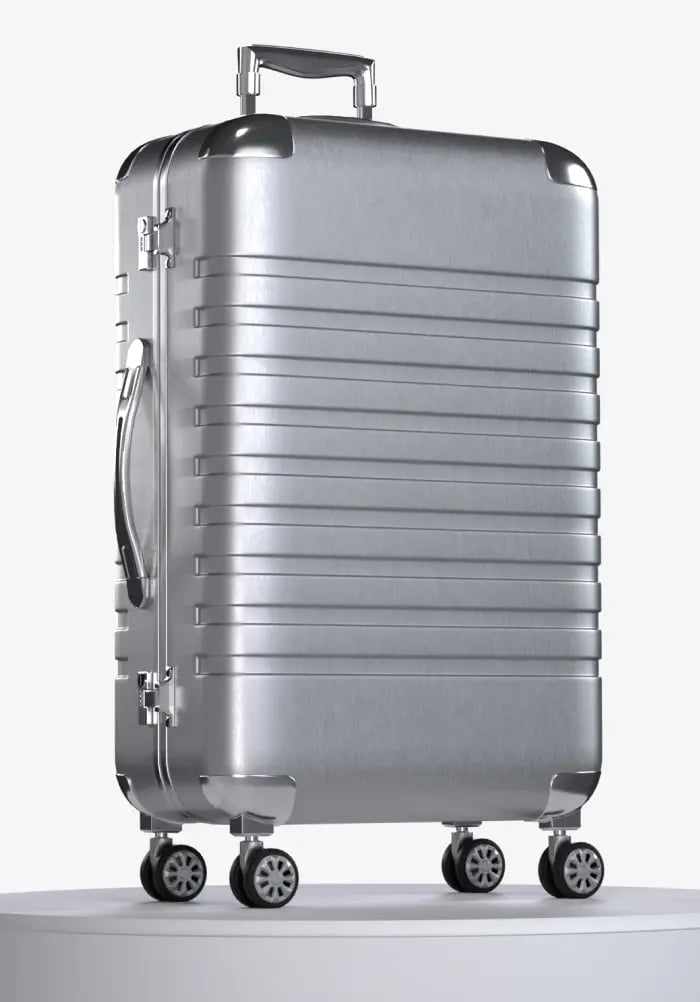 Silver Aluminum Carry-on Suitcase with Four Wheels and Multiple Handles.