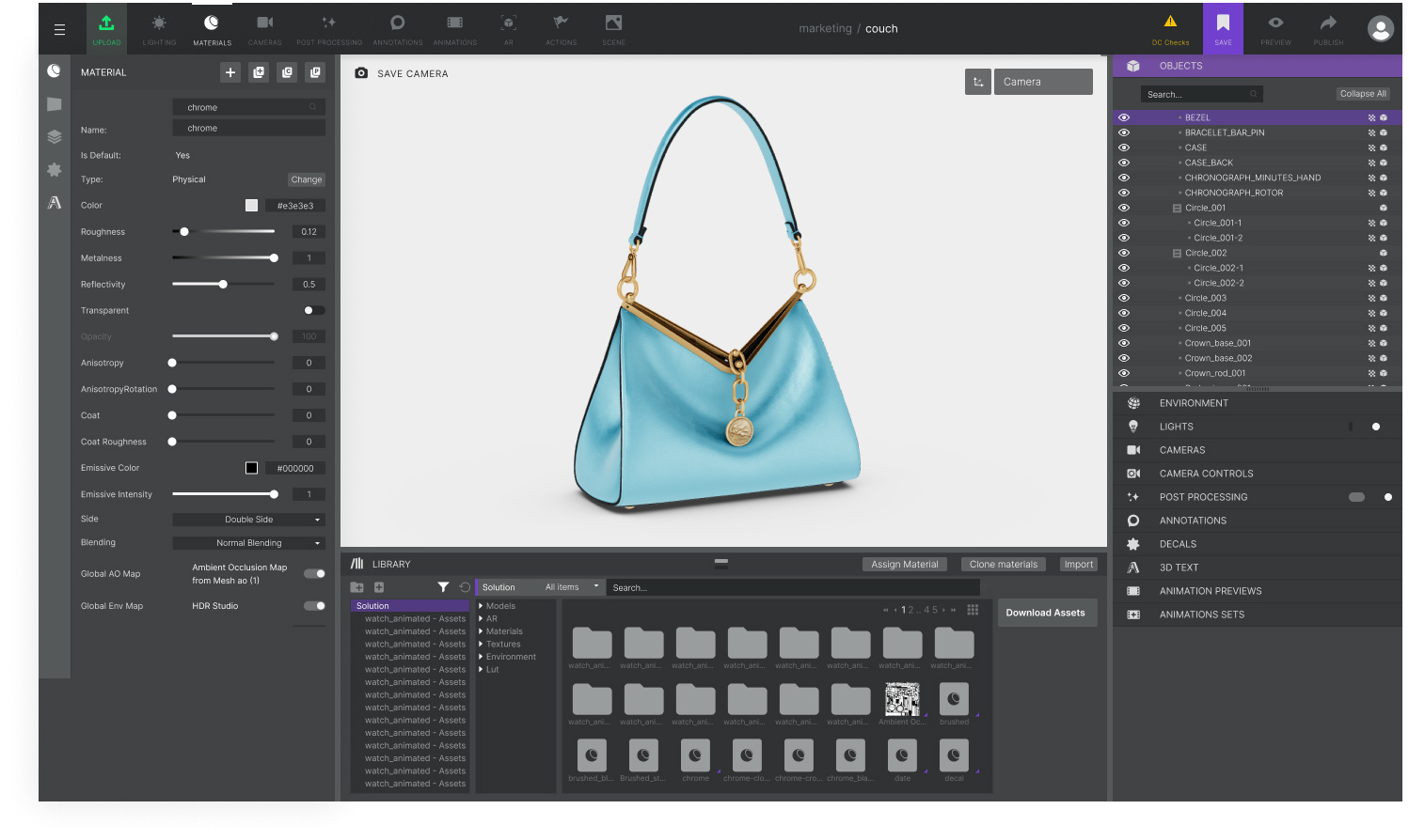 3D Rendering of a Blue Handbag on Computer Screen, Fashion Design Software Interface