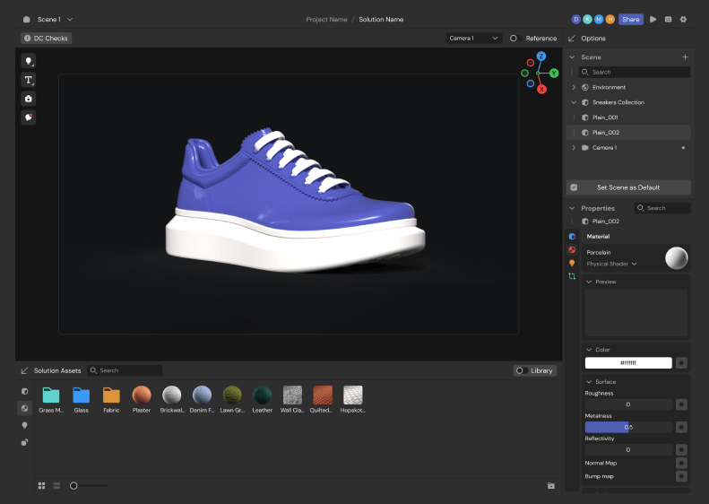 User interface of a Unlimited 3D designer software displaying a blue sneaker with white laces and a thick white sole. The software includes tools for adjusting the scene, environment, and material properties such as roughness, metallicness, and reflectivity. A panel at the bottom displays various textures and materials like fabric, plaster, and leather.