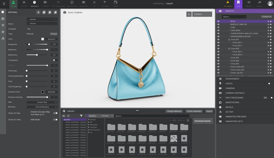 Unlimited 3D Designer software interface showcasing a light blue handbag with material editing tools and object hierarchy