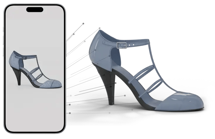 3D product visualization: Smartphone displaying 2D image of high-heel sandal transformed into detailed 3D model for e-commerce