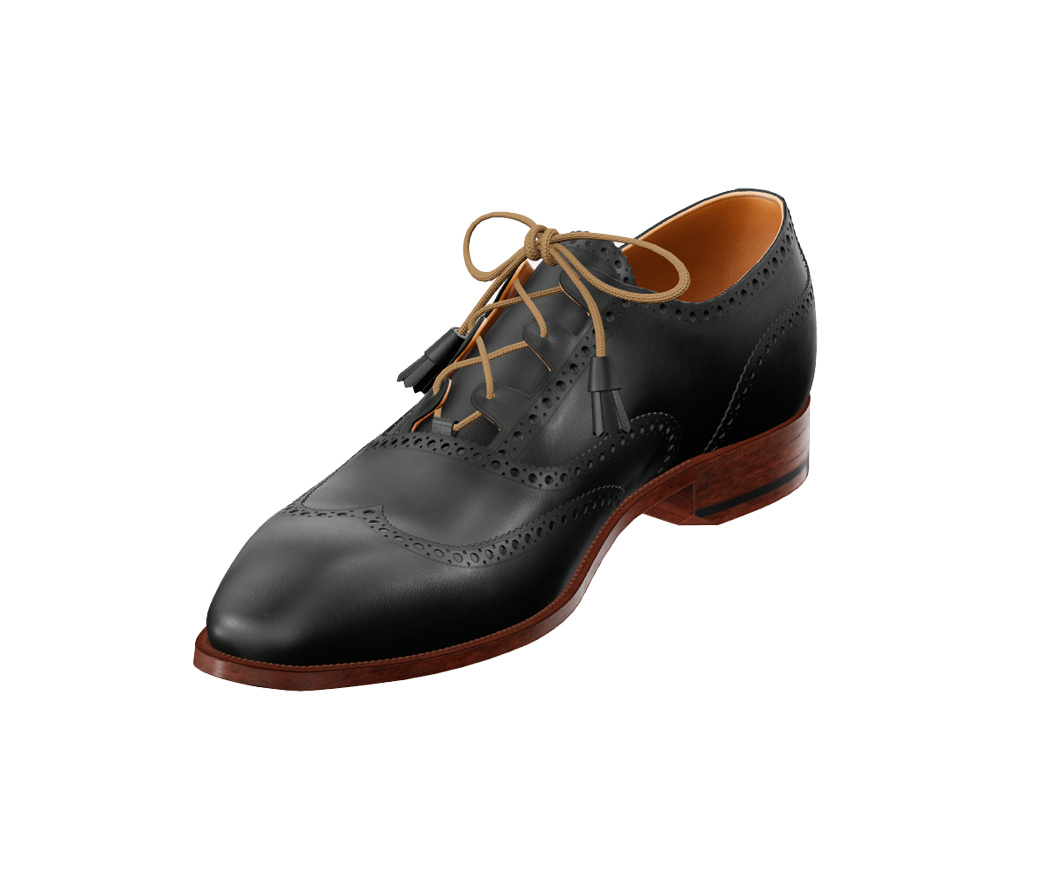 Carmina Black Leather Wingtip Dress Shoe with Tan Laces, Leather Sole.