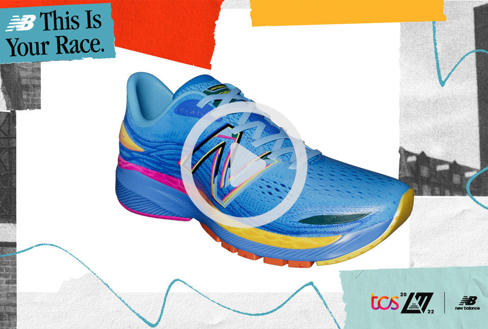 A spinning 3D view of a New Balance shoe by Threedium, highlighting its sleek design, logo, and detailed texture.