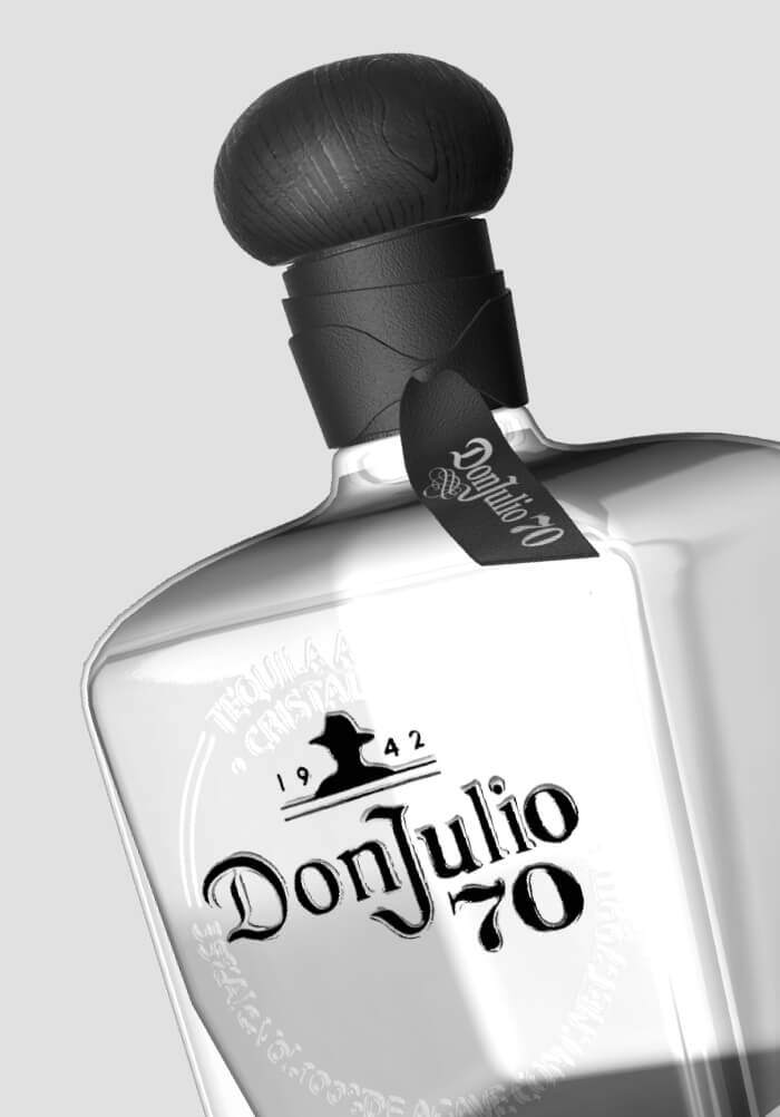 Don Julio 70 Añejo Tequila Bottle, Close-Up of Cap and Label. Link to Spirits page