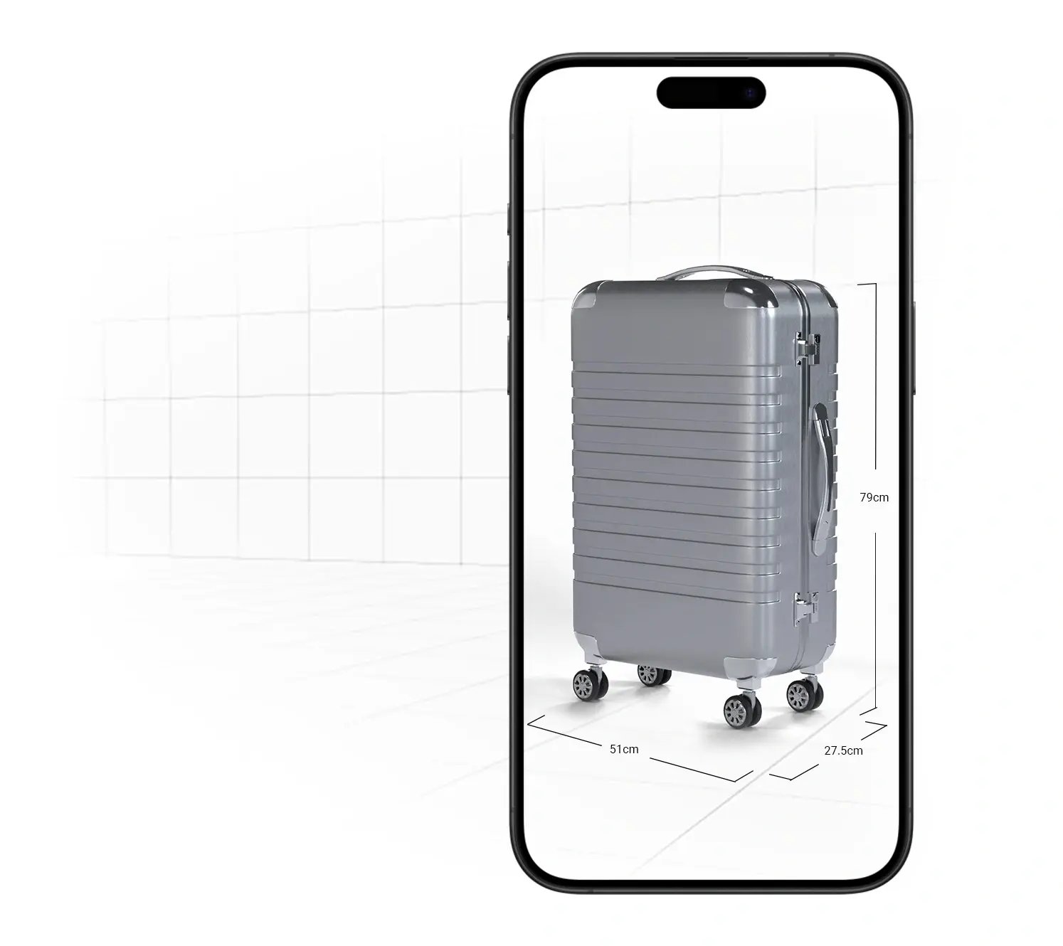 Silver Suitcase (79cm x 51cm x 27.5cm) in Augmented Reality on Smartphone Screen