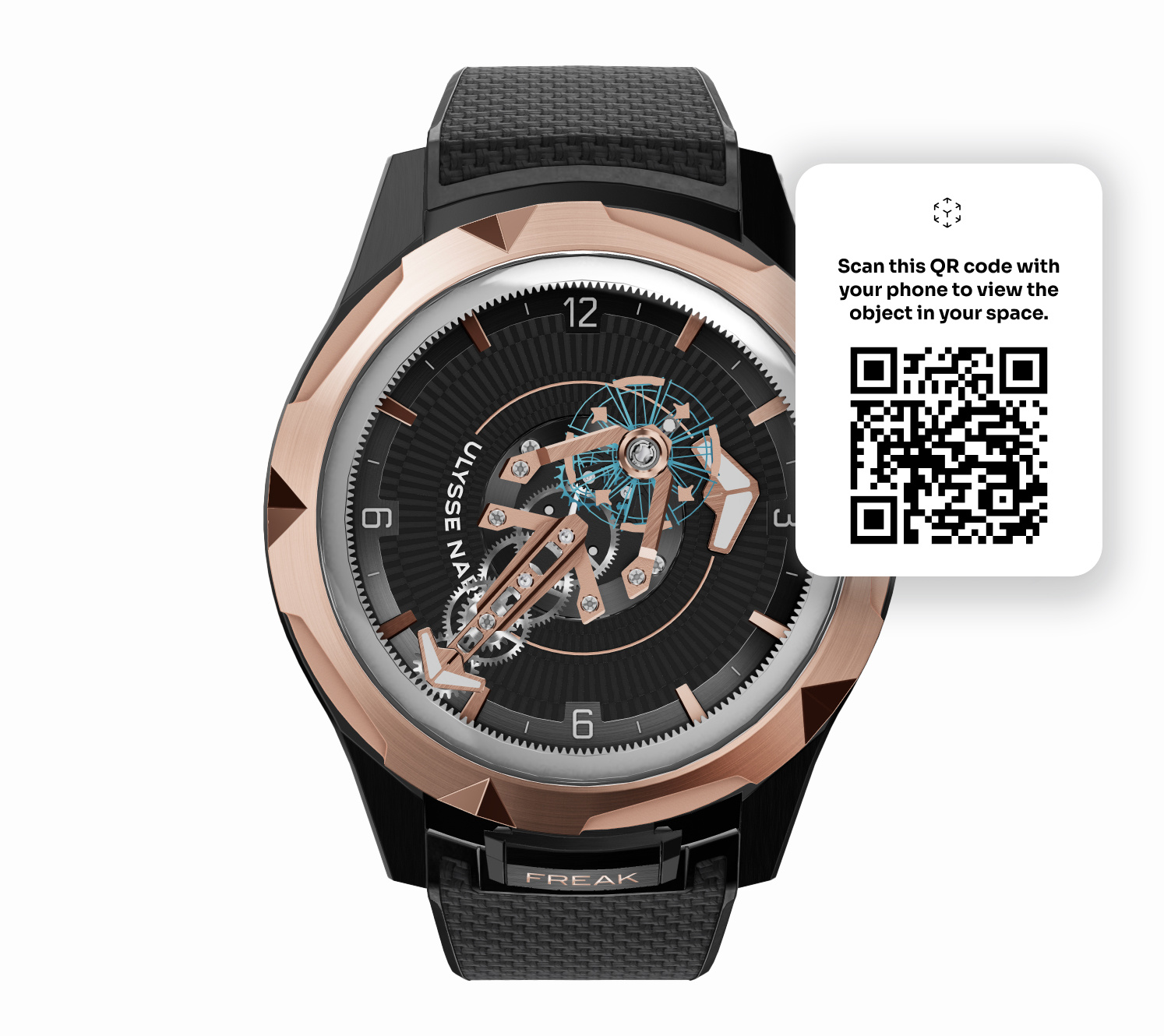 ULYSSE NA FREAK Skeleton Watch with AR Functionality, Scan QR Code to View in Your Space.