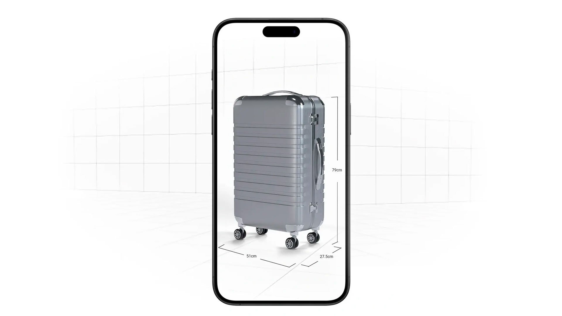 Silver Suitcase (79cm x 51cm x 27.5cm) in Augmented Reality on Smartphone Screen.