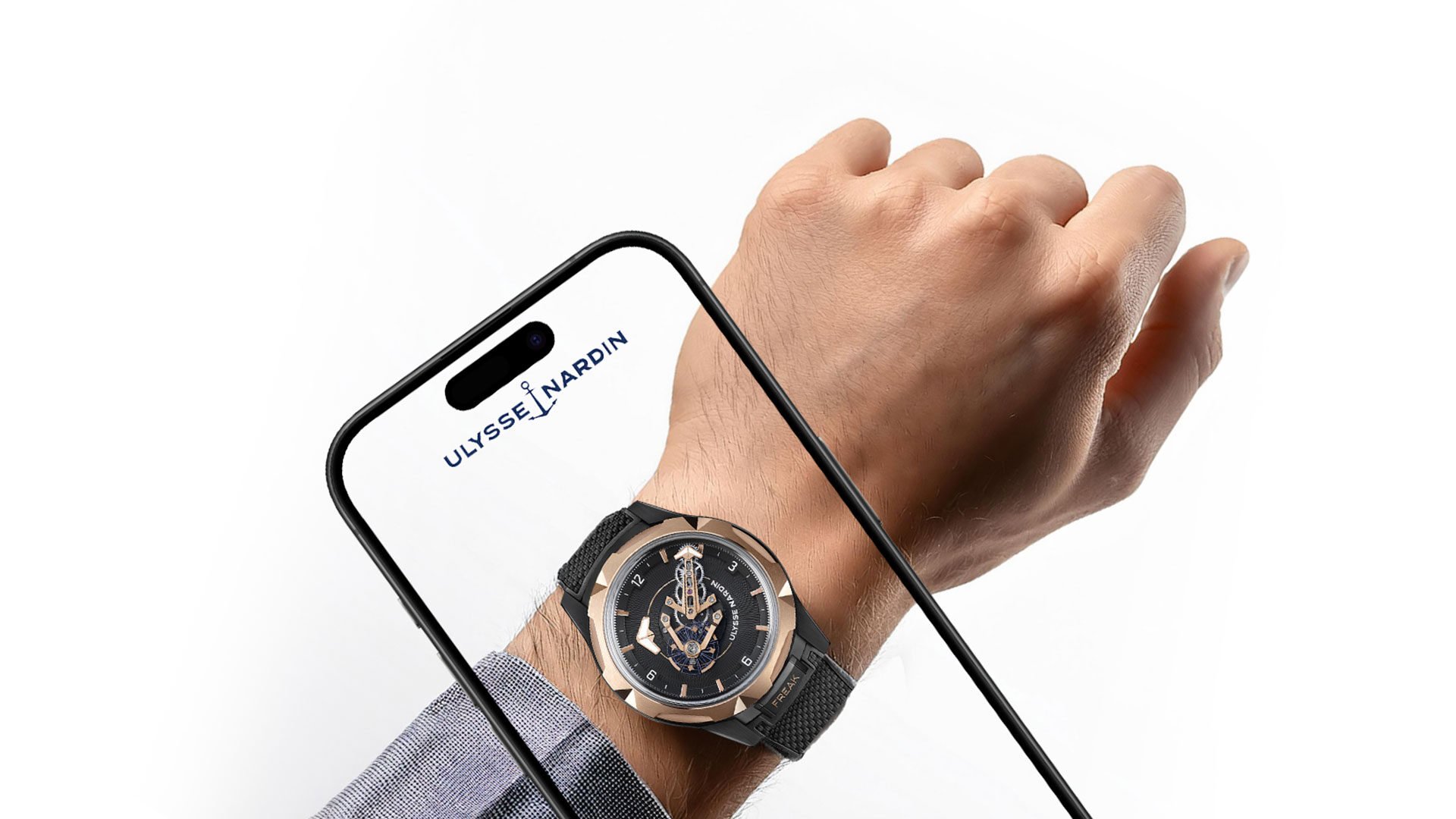 Hand Holding Smartphone with Ulysse Nardin Watch in Augmented Reality, Try On Watch Virtually.