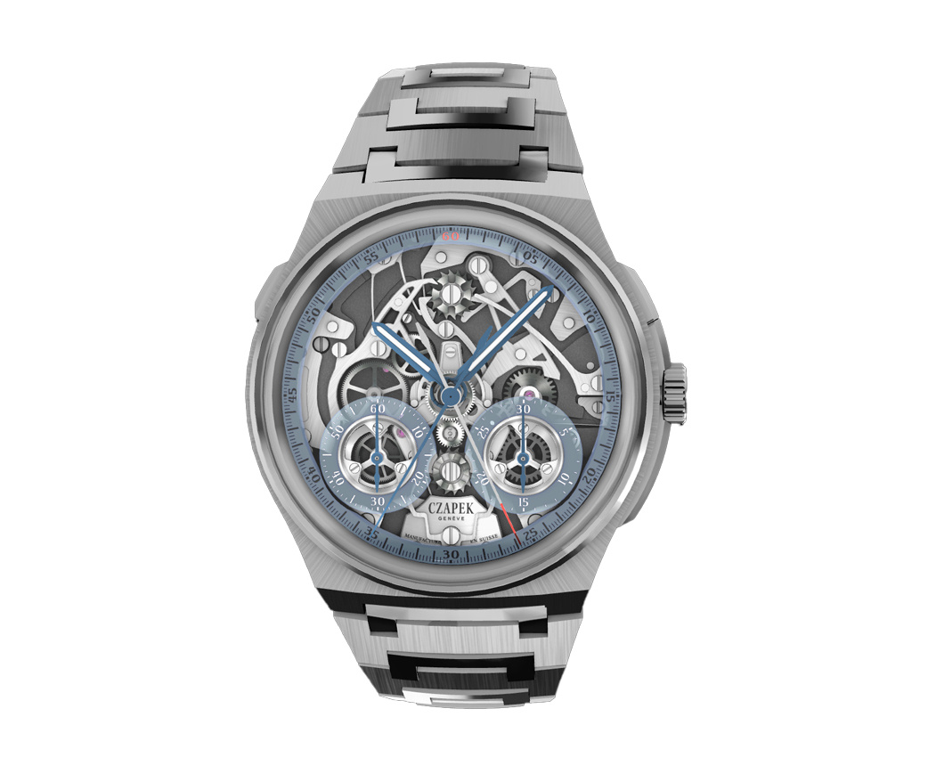 Czapek Antarctique Rattrapante Skeleton Watch with Stainless Steel Bracelet and Blue Dial.