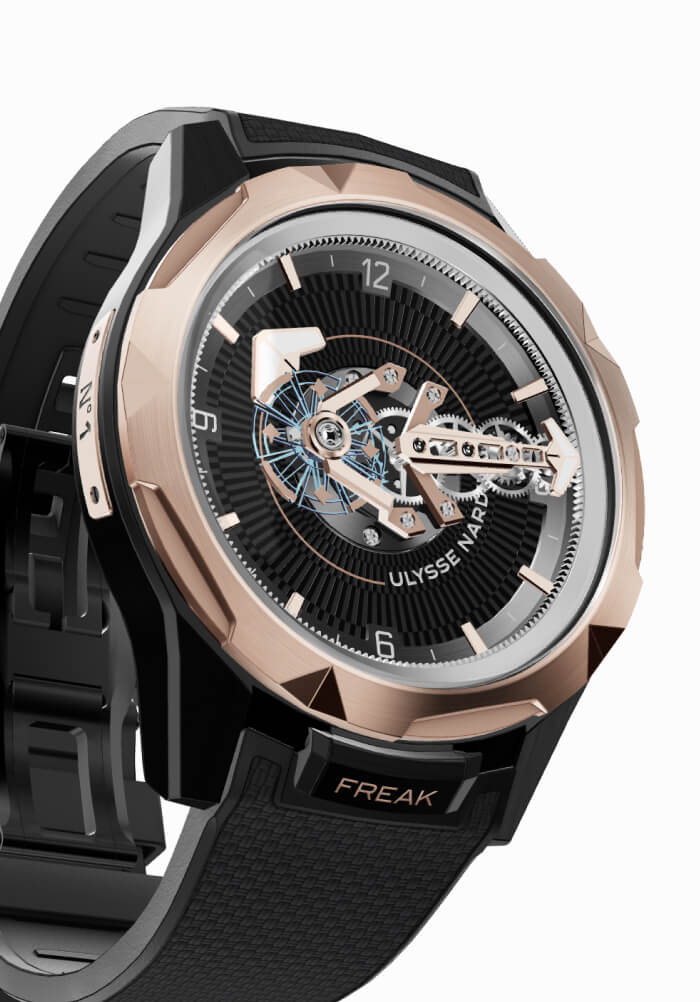 ULYSSE NARDIN Freak One Skeleton Watch with Black Strap and Rose Gold Accents. Link to Watches page